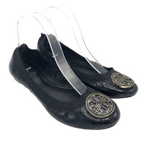 TORY BURCH Caroline Ballet Flats Black Leather Patent Slip On Medallion 8.5 Logo